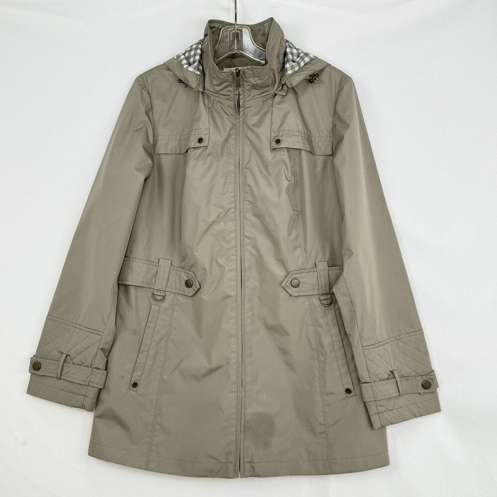 Liz Claiborne NY Green Lined Rain Windbreaker Coat Hooded Coat Womens Size M